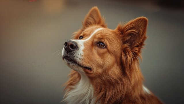 Close-up of a dog with reddish-brown fur, alert expression, and pointed ears.