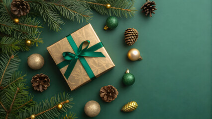 Elegant Christmas gift with ornaments and pine cones evokes holiday cheer, perfect for festive designs and seasonal campaigns, buy now for your project
