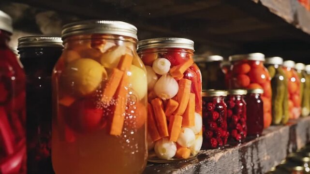 Rows of Colorful Pickled Vegetables and Fruits in Glass Jars on Wooden Shelves in Dark Rustic Pantry with Ambient Lighting