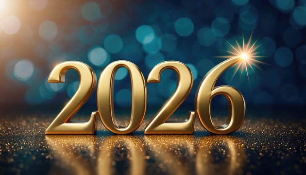 Happy New Year 2026, Golden year two thousand twenty six with sparkling background and a star on top of the last digit