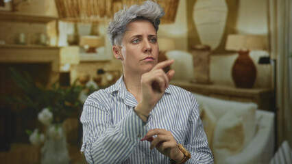 Naklejka premium Woman wearing striped shirt points finger forward in building filled with furniture and warm lighting; focus determination.
