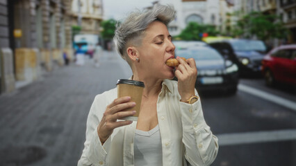 Fototapeta premium Woman eating a glazed donut while holding a coffee cup on a bustling city street; morning indulgence.