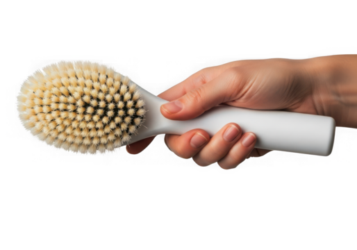 Hand holding a white electric facial cleansing brush isolated on transparent background