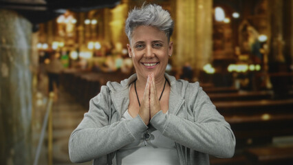 Woman presses hands together in a dimly lit stone church interior aisle, wearing casual grey hoodie...