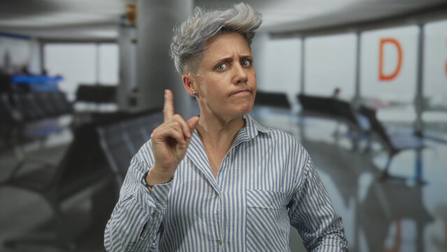 Caucasian woman with short hair pulls striped shirt in modern airport terminal beside empty seats; anxiety.