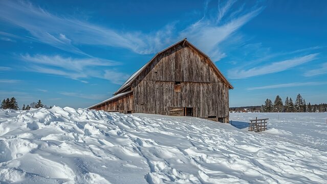 Snow-covered barn in winter with clear blue sky. Rural landscape, cold weather, rustic wooden structure, and snowdrifts.