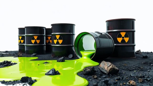 Oil barrel with nuclear symbol, isolated on white. Fuel oil spill, petroleum, gasoline, puddle of leaked oil