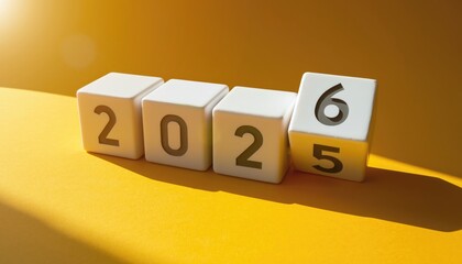 Happy New Year 2026, White blocks displaying the year changing from twenty twenty five to twenty twenty six on yellow surface