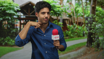 Young hispanic man wearing blue shirt holding red microphone labeled news points finger to temple at building in a lush resort garden; thoughtful reporting.