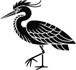 Heron bird silhouette, elegant egret illustration, black and white nature art, decorative feathers, side profile, vector wildlife design