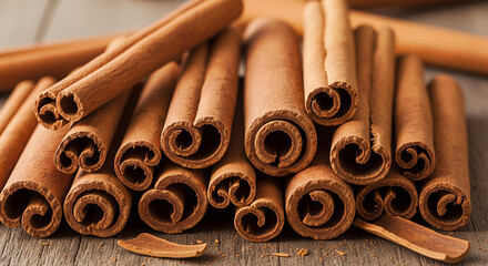 Close up of dried cinnamon sticks piled on a wooden surface