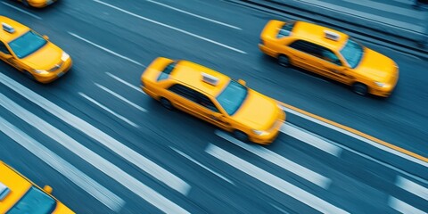 Yellow Taxis in Motion on Busy Urban Street Scene