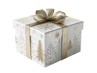 Elegant white gift box with gold christmas tree design isolated on transparent background