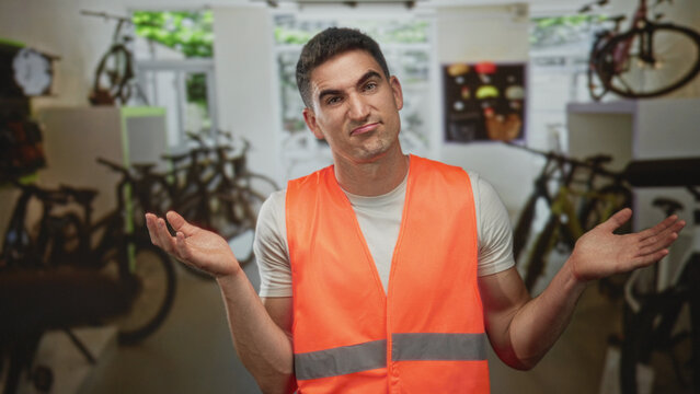Man wearing orange safety vest shrugs shoulders beside bicycles in a building; uncertainty help request.