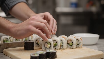 Photorealistic close-up of a chef carefully preparing sushi rolls on a cutting board with natural light