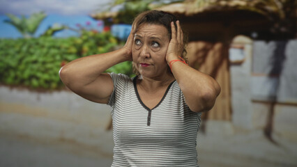 Woman in striped shirt covers ears with hands at building entrance under bright morning sunlight; unease.