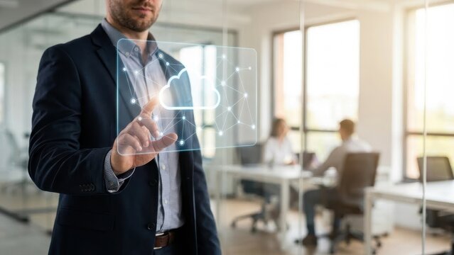 Businessman touching virtual cloud icon for data storage and network. Cloud computing, digital transformation and modern technology concept for business.