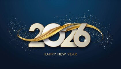 Happy New Year 2026, Happy new year greeting card with golden ribbon and the year two thousand twenty six on a blue background