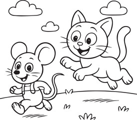 Cartoon Cat Chasing Mouse | Kids Animal Line Art Coloring Page