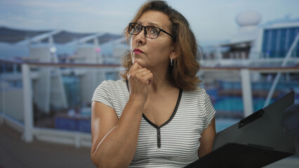 Fototapeta premium Woman holds black clipboard and touches chin while reading notes on cruise ship deck; quiet reflection.