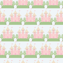Seamless pastel pattern of pink fairytale castles with heart windows and trees. Cute princess nursery background for kids fabric, wrapping paper, scrapbooking, party decor, and baby shower.