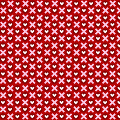 Seamless XO pattern with pink Xs and red O hearts on dark red background—bold modern Valentine design perfect for wrapping paper, greeting cards, fabric, and digital projects.