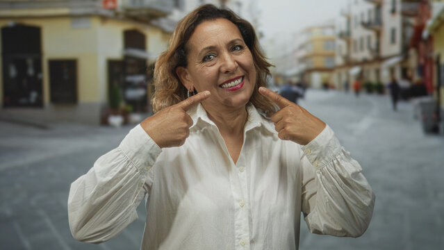 Middle aged hispanic woman in white blouse points finger to smiling lips in narrow city street; boost confidence.