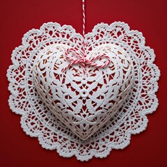 Intricate Red Crochet Heart Doily Valentines Day Handmade Lace.
