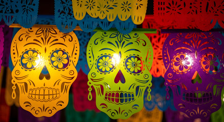 Colorful Day of the Dead Papel Picado skull flags hanging for decoration