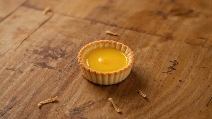 A lemon tart with yellow filling on a wooden surface.