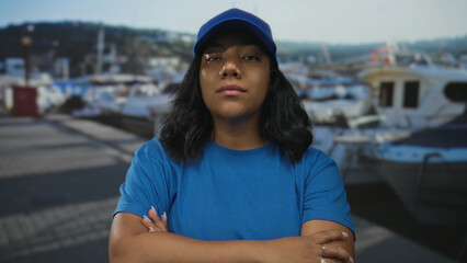 Courier woman in blue cap and shirt stands with arms crossed at a bustling seaside port dock under...