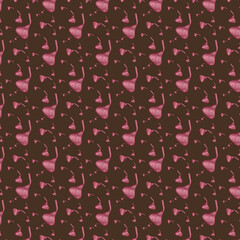 Seamless pattern of pink foil candy kisses on dark chocolate brown&mdash;playful Valentine confectionery background for packaging, wrapping paper, invitations, scrapbooking, and digital projects.