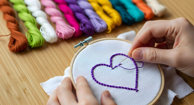 Hands embroidering a purple heart on white fabric with colorful threads in background
