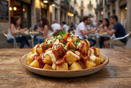 Plato de patatas bravas con alioli y salsa picante servido en terraza de bar en el centro hist&oacute;rico de Barcelona al atardecer