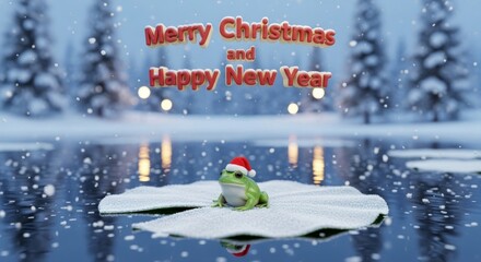 Festive Frog Holiday Scene - A grumpy cartoon frog wearing a Santa hat sits on a snowy lily pad wishing you a Merry Christmas and Happy New Year in a wintry wonderland
