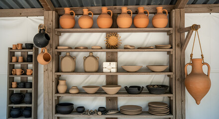 Handmade terracotta pottery displayed on wooden shelves against a white backdrop
