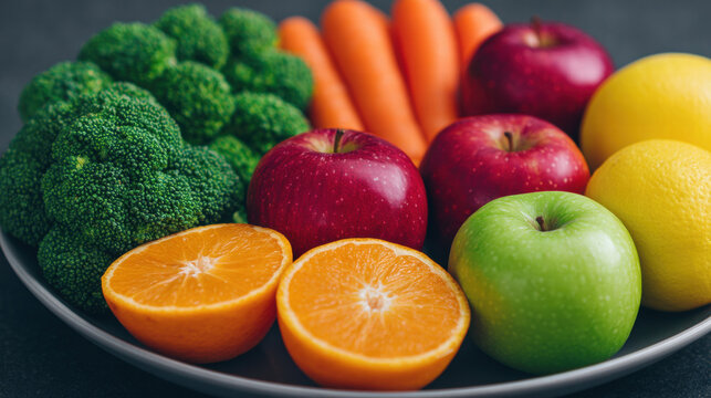 Fresh diet fruits and vegetables to prevent diabetes include apples, oranges, broccoli, carrots, and lemons for healthy eating