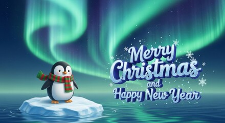Naklejka premium Festive Penguin on Ice for Christmas - A cute cartoon penguin stands on an ice floe against an aurora borealis backdrop with festive holiday greetings