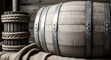 Vintage wooden wine barrel with metal hoops and old wooden press