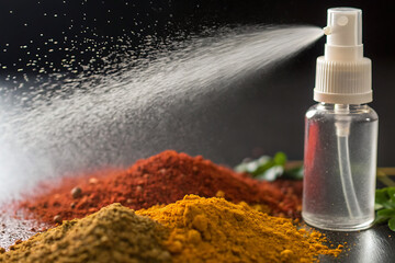 Spray bottle misting over vibrant piles of assorted aromatic spices.