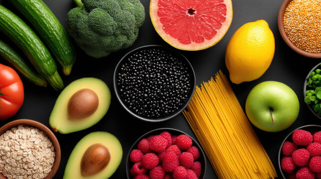 Healthy diet to prevent diabetes includes fresh avocado, broccoli, lemon, apple, tomato, oats, and whole grains for balanced