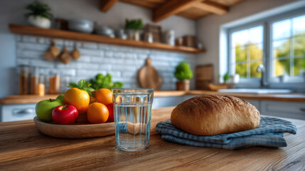 Diet to prevent diabetes includes fresh fruit and water on wooden table in bright kitchen with natural light