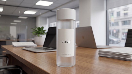 Frosted water bottle mockup on office desk