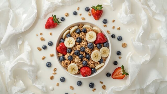 A bowl of cereal topped with strawberries, bananas, blueberries, and granola, surrounding the bowl on crumpled white paper.