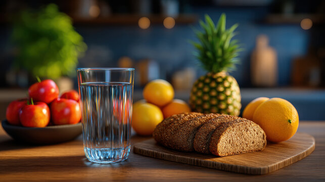 Healthy diet to prevent diabetes includes fresh fruit whole grain bread and water for balanced nutrition and wellness