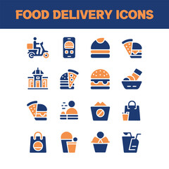 Fast Food and Online Ordering Vector Icon Set with Delivery Motorbike