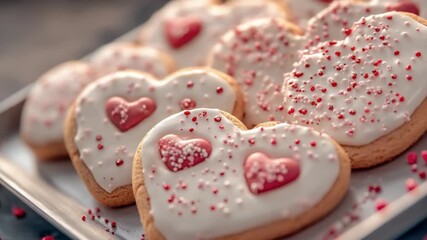 Freshly baked heart shaped cookies with white frosting and red sprinkles - Powered by Adobe