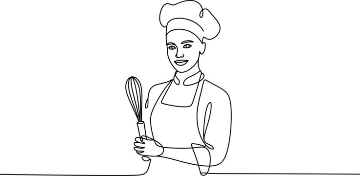 A chef wearing a toque hat and apron holding a whisk, illustrating culinary arts and kitchen professionalism