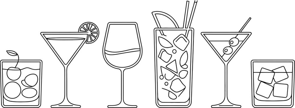 A versatile set of outlined glasses and cocktails, depicting various alcoholic beverages in a clean, minimalist line art style, ideal for graphic design projects and beverage-themed content