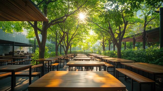 Row of wooden tables in a park setting
